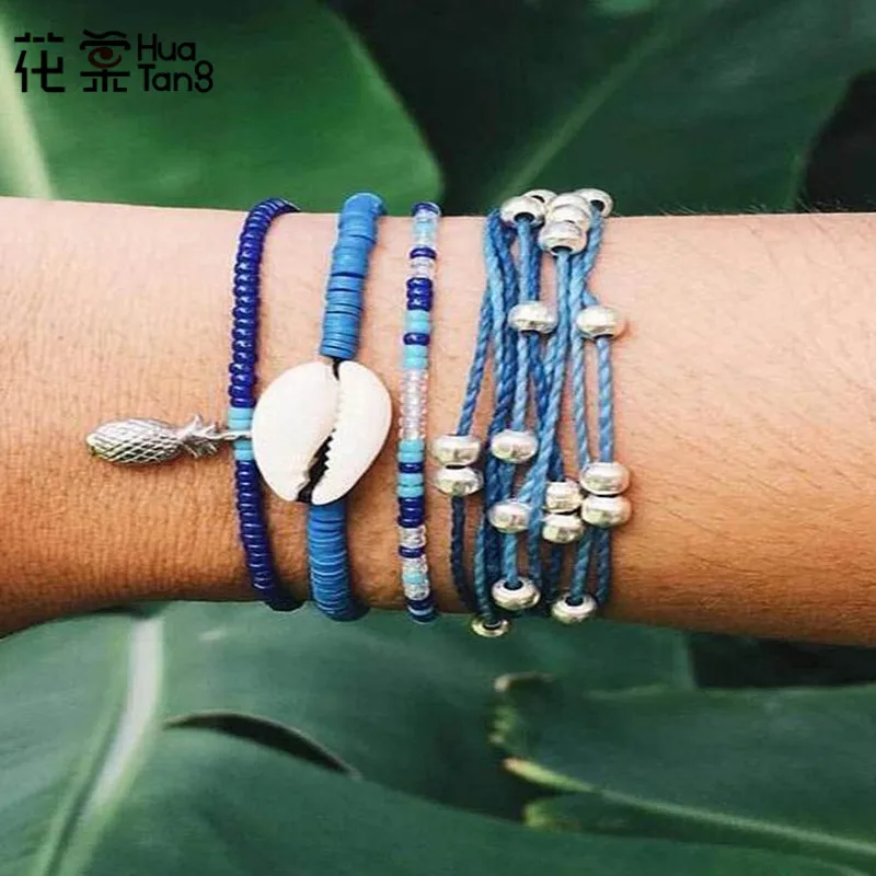 

HuaTang Bohemia Shell Blue Beading Rope Bracelets Pendant Bracelet Set For Women Girl Adjustable Summer Bracelet Jewelry 3256