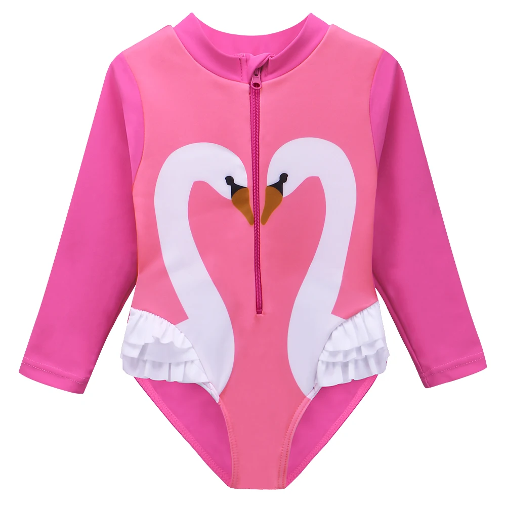 

BAOHULU 4-11Yrs Kids Girls Swimsuit Children Swimwear One Pieces Long Cartoon Swan Pattern Bathing Suits Beachwear with zipper