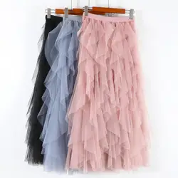 Взъерошенный слой юбка из прозрачной ткани Для женщин взрослых Упругие Высокая Талия Длинные Макси плиссированная юбка-пачка Femme на лето и