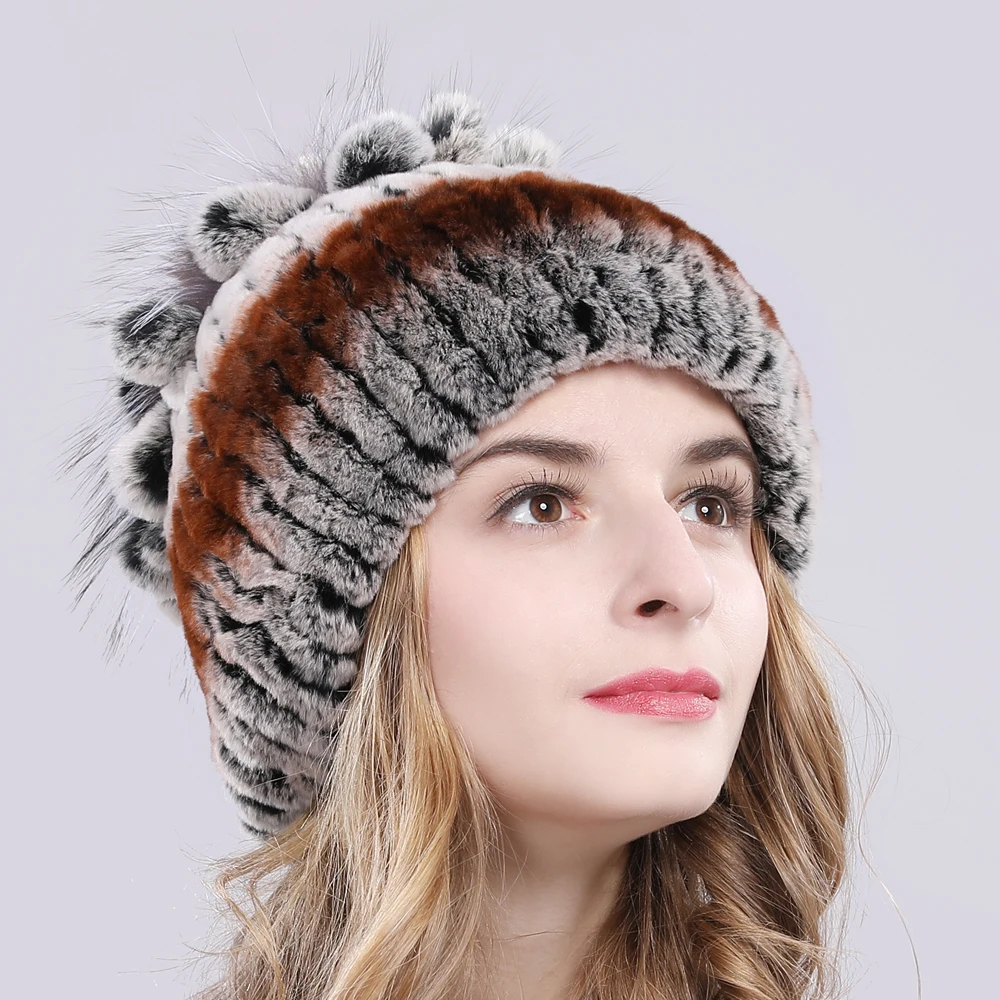 Women Natural Real Rex Rabbit Fur Beanies Hats Winter Warm Knitted Rex Rabbit Fur Caps New Female With Fox Fur Skullies Hat