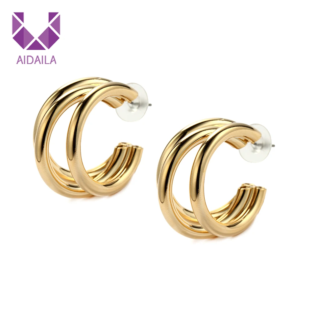 

Women Hoop Earrings Three Circle Multi-layer Copper Metal Earrings High Quality Punk Earring For Women Party Wedding Jewelry