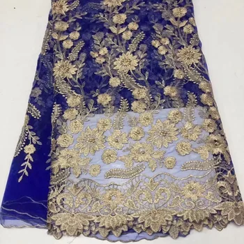 

Latest African Laces Fabrics Embroidered African Guipure French Lace Fabric With Beads 2019 African French Net Lace Royal Blue
