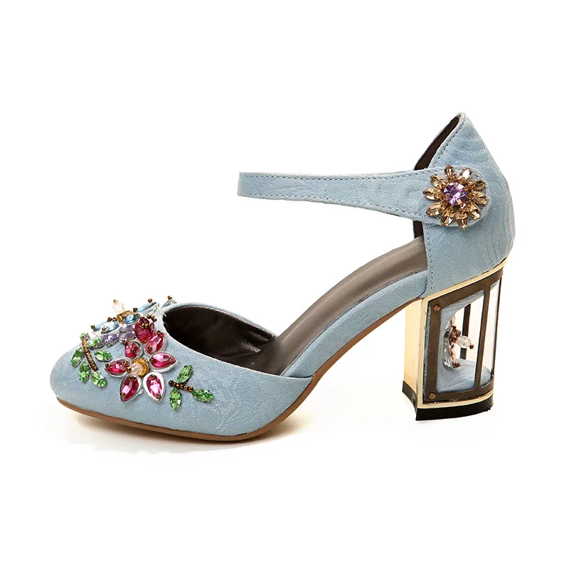 Phoentin/женские туфли-лодочки mary jane с цветком из кристаллов; необычные свадебные туфли ручной работы на высоком каблуке 10 см, на застежке-липучке, со стразами; FT028 - Цвет: Blue 7.5cm heel