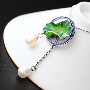 

Ge silver wholesale 925 Sterling Silver Pearl Pendant inlaid natural Cloisonne Vintage Silver Pendant lotus leaf