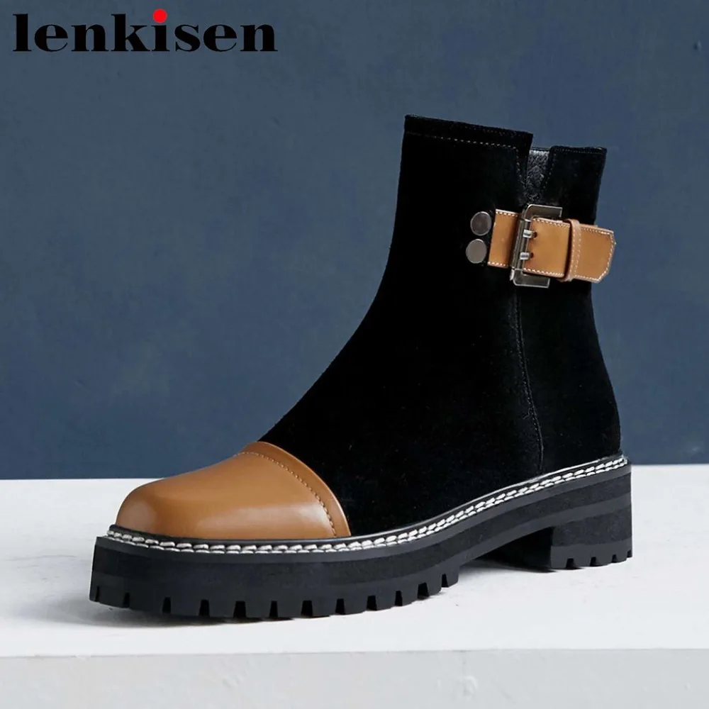 

2018 simple style buckle design retro high fashion western boots round toe med bottom sewing zipper cow leather ankle boots L92