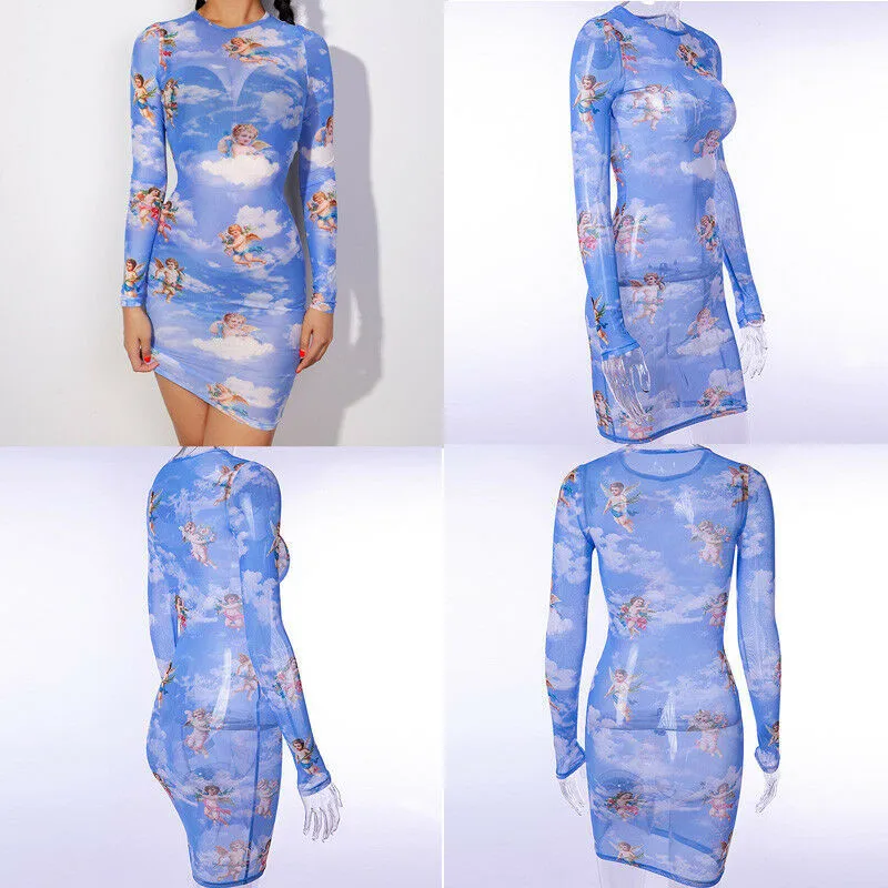 

Summer New Sexy Women Spring Dress Long Sleeve Mesh Sheer See Through Sexy Slim Bodycon Mini Dress Print Round Neck