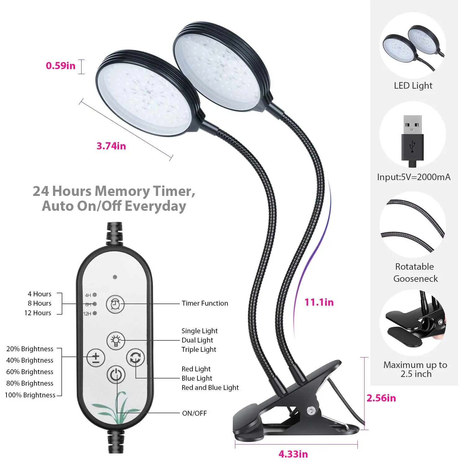 

LED Plant Grow Light Automatic Two-Way Timer Plant Grow Lamp 30W Dual Heads 78 LED Beads(54Red/24Blue)