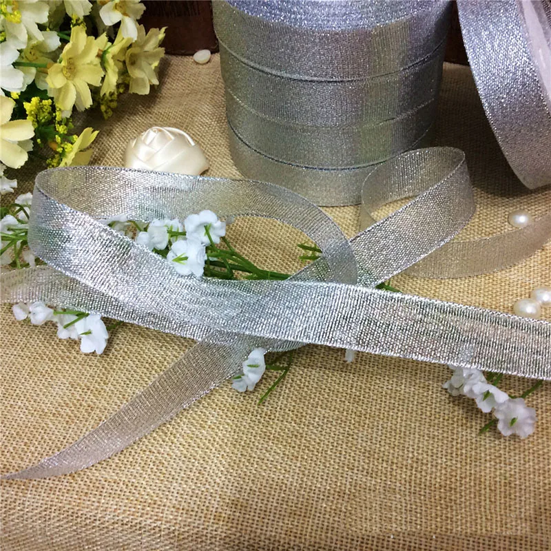 Gold/Silver Silk Organza Ribbon 25mm Glitter Embroidered Brocade Ribbons for Wedding Cake Gift Decoration Craft Supplies