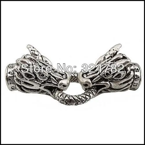 

15Set Tibetan Silver Dragon Head Lock Spring Clasps + End Caps with Inner hole 6mm for making Leather Bracelet jewelry findings