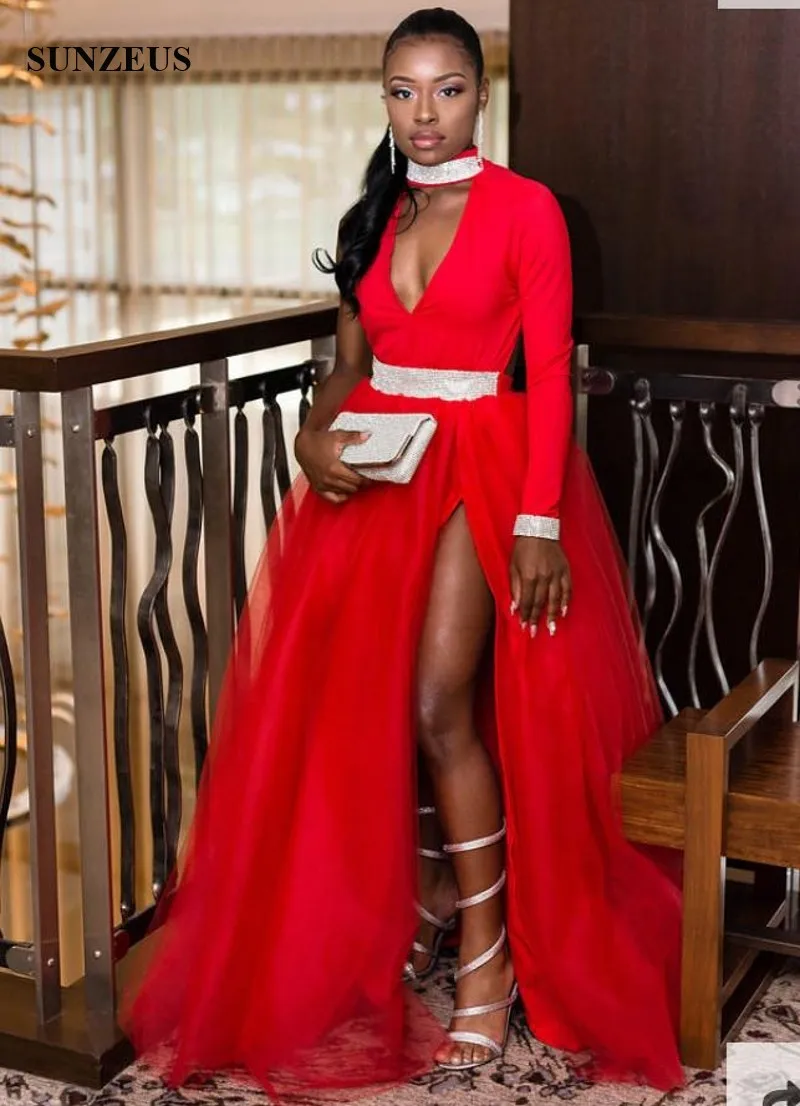 Длинные платья выпускного вечера 2019 A-Line Высокая шея одной длинные рукава, красное вечерние платье для черный кристалл для девушки Strass Пояс