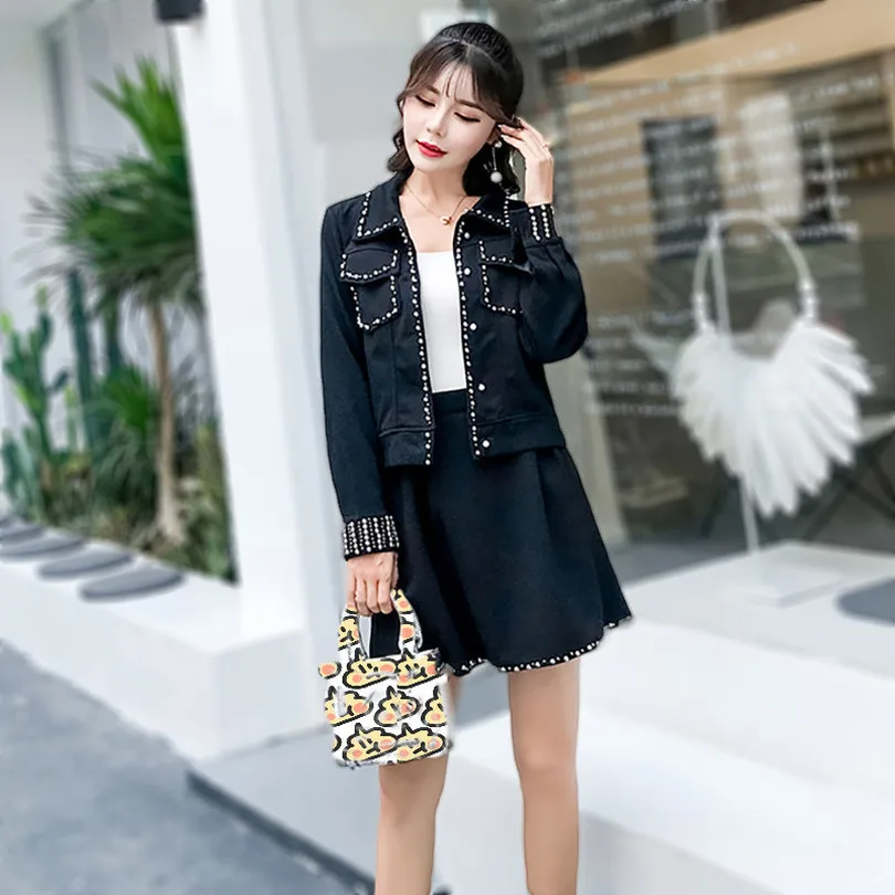 

Taotrees Elegant Women Beading Tweed Two Piece Set Black Pockets Short Jacket + High Waist Mini Skirt Sets