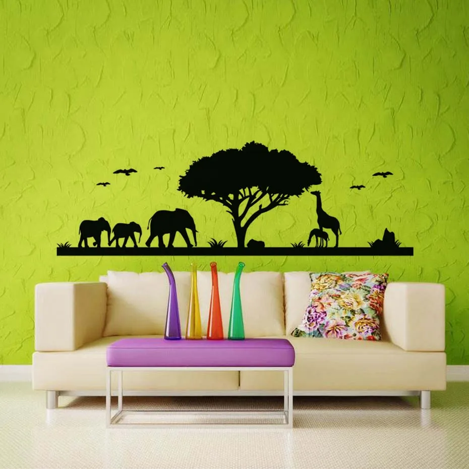 

Nature Forest And Animals Elephant Giraffe Wall Stickers Vinyl Tree Decals For Living Room Decoration