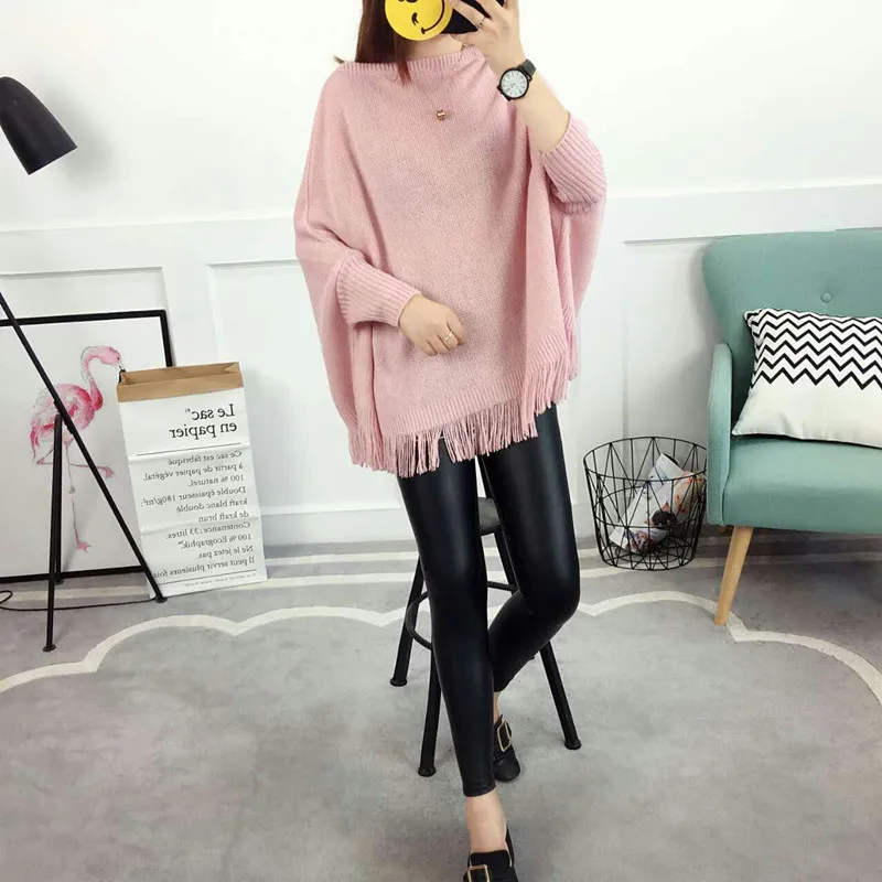 New Spring Gray Pullovers And Sweaters Loose Tassel Soft Shawl Poncho Women Slash Neck Bat Long Sleeve Pullover Sweater Shawl