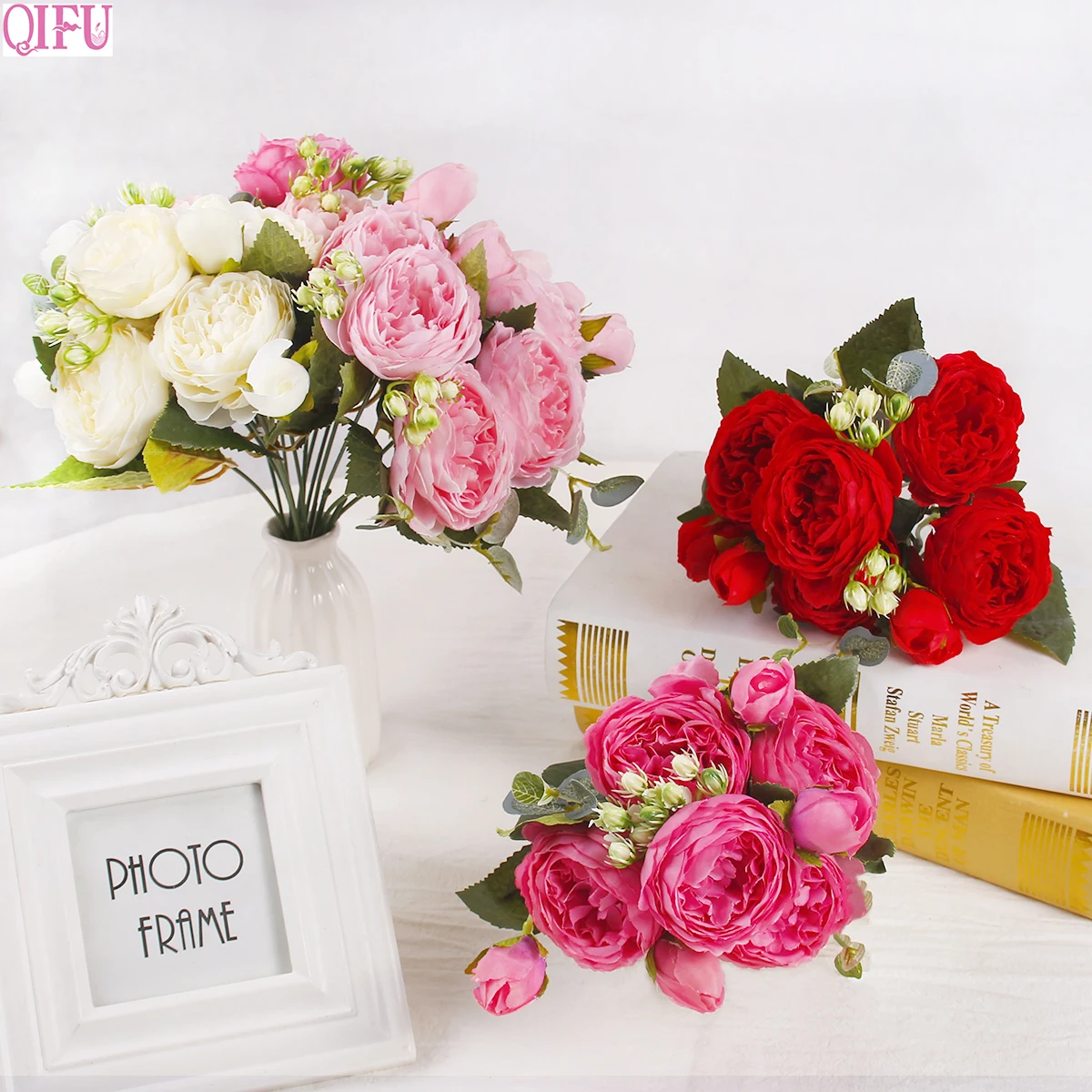 

QIFU Peony Artificial Flowers Bouquet For Wedding Party Silk Peonies Fake Flowers For Wedding Party Home Decorations Flowers