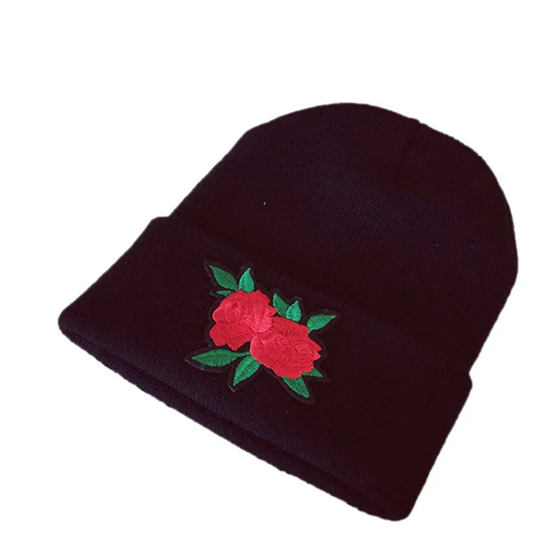 

2019 Women Winter Warm Rose Embroidery Crochet Hat Braided Cap girl hat Knitted Wool Skullies Beanies Feminino Falls Cap