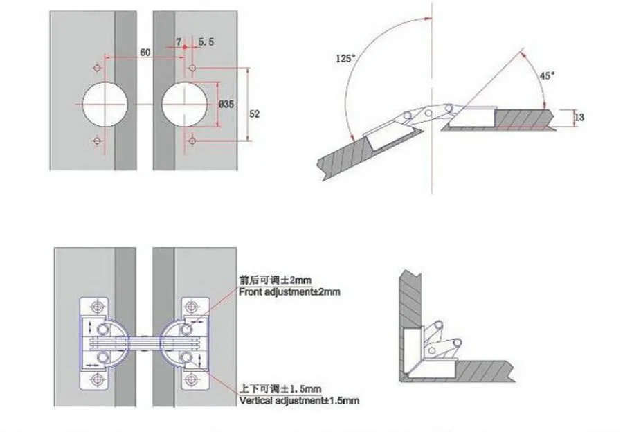 de zinco, 125 graus, ângulo oblíquo, 45 °, costura escondida