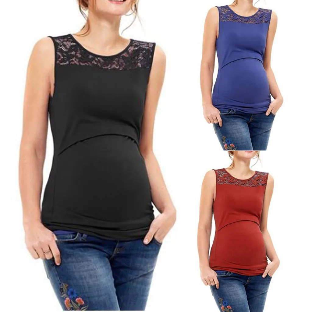 MUQGEW/Одежда для мам; топы для кормящих женщин; Повседневная однотонная Кружевная футболка без рукавов для беременных; летние топы для медсестры