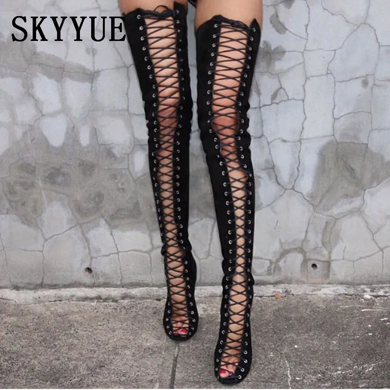 

New Black Gladiator Lace Up Thigh HIgh Sandal Boots Sexy Peep Toe Over The Knee HIgh Women HIgh Heels Shoes Women Summer