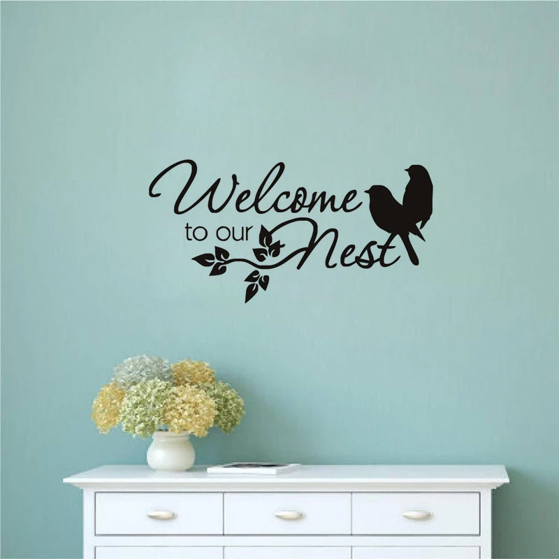 Sticker Mural Deux Oiseaux Bienvenue A Notre Nid Vinyle Art Citation Stickers Pour Salon Amovible Adhesif Stickers Muraux Decor A La Maison Aliexpress