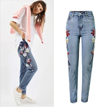 

SupSindy Hot Woman jeans European style blue straight high waist jeans embroidery boyfriend jeans for women pants denim trousers