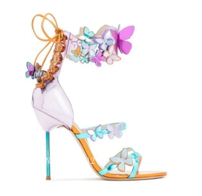 Fashion Colorful Butterfly Ankle Strap Sandals Appliques Metallic Leather Turquoise Strappy High Heel Shoes Lace Up Woman Sandal