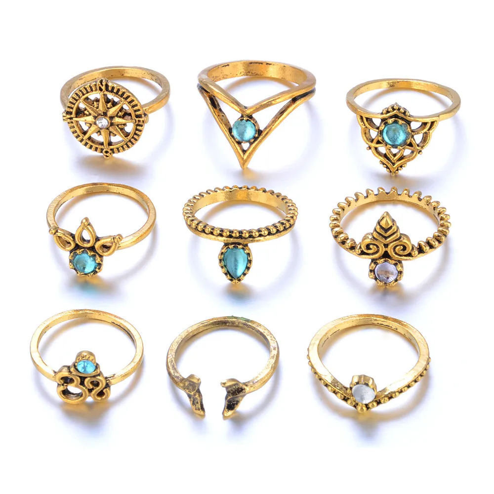 9pcs/Set Women Bohemian Vintage Silver Stack Rings Above Knuckle Blue