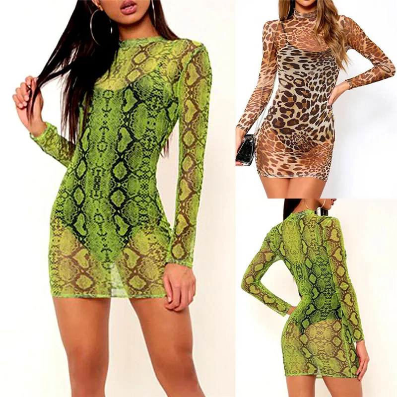 

Summer Women's Snake Leopard Print Turtle Neck Perspective Dress Long Sleeve Party Club Slim Short Mini Dress