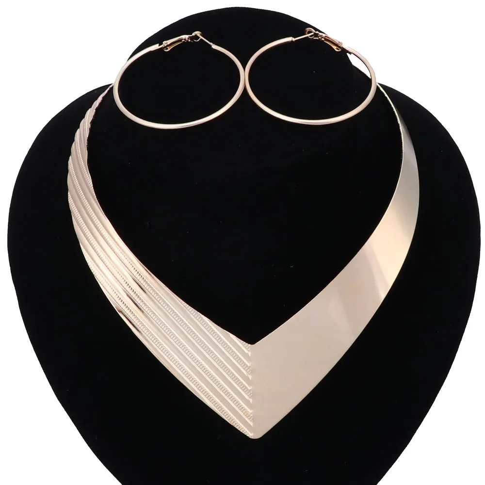 

Gold Silver Plated Choker Necklaces Torques Fashion Jewelry Set Collar 316L Stainless Steel Women Choker Necklaces Earring