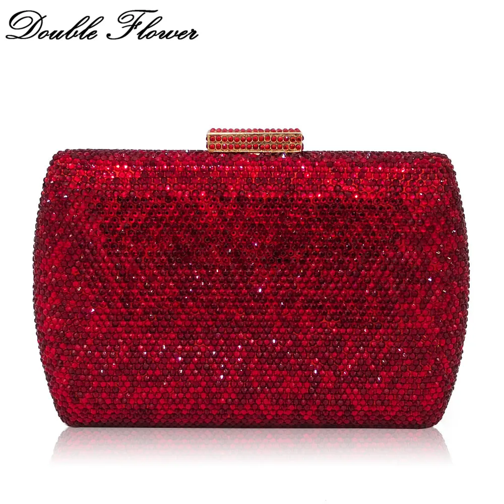 Double Flower Dazzling Ruby Red Women Crystal Clutch Evening Handbags