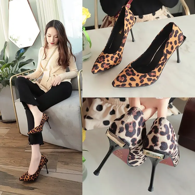 

2019 spring new sexy leopard female high heels Korean version versatile stiletto pointed shallow mouth casual single shoes