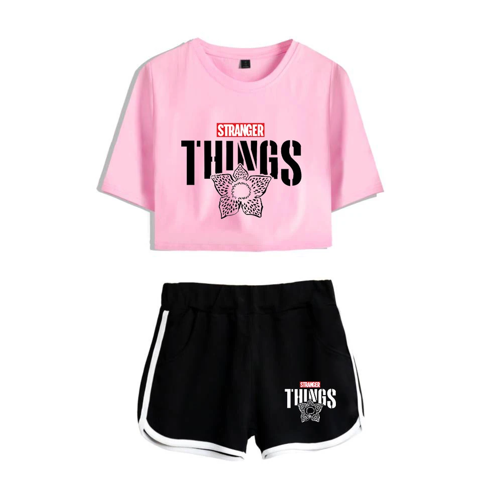 Girls Outfit Stranger Things New 2D print Leisure Women Two Piece Set Shorts+lovely T-shirts Hot Sale Tracksuit