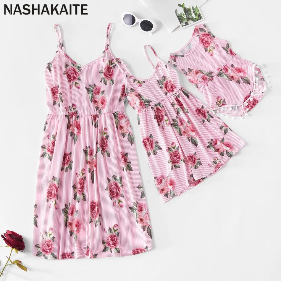 

NASHAKAITE Mom and Baby Clothes Cute Pink Striped Print Tank Mini Dress Mom and Daughter Dress Family Matching Clothes