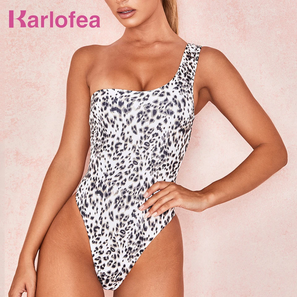 

Karlofea Leopard Print One Shoulder One Piece Swimsuit Summer New Casual Beach Vacation Outfits Chic Ladies Fitted Bathing Suit