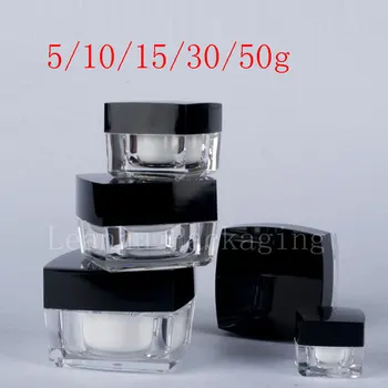 

5g 10g 15g empty square acrylic cream jar packaging bottle with black lid transparent small container Sample cosmetic cream pot