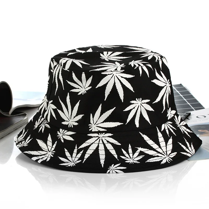 Мужская и женская шляпа с Кленовым листом в стиле хип-хоп, рыбацкая Панама, шляпы с вышивкой из хлопка, летняя повседневная Кепка с козырьком Swag Bob - Цвет: black white