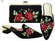 Fashion black with flower embroidery lower heel shoes matching with handbag set for party MM6003 heel height 3.8cm, multi color