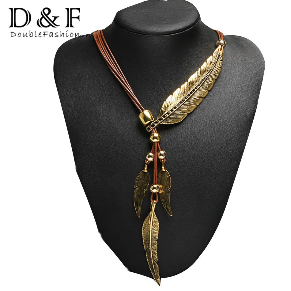 2016 New Arrival Brand Big Luxury Statement Pendant Necklace Vintage Maxi Women Accessories Rope Chain Feather Pattern