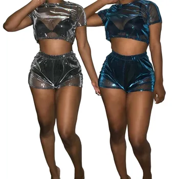

Two piece set sequin short sleeve crop top and transparent shorts summer womens 2019 sexy solid club outfits rave shorts set