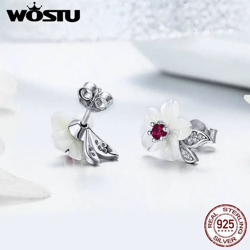 WOSTU элегантные серьги-гвоздики в виде цветка белого цвета, 925 пробы, серебряные, прозрачные, CZ маленькие серьги для женщин, изысканные ювелирные изделия FNE055