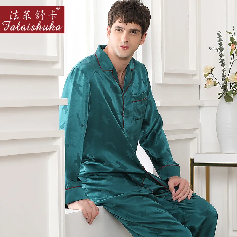 Модная печать Шелковая пижама наборы мужская одежда для сна 19 Momme из натурального шелка благородный мужской элегантный пижамный комплект для мужчин T9054 - Цвет: Зеленый