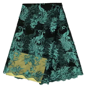 

High quality African lace fabric Green color lace fabric with stones and beads for luxury dress HJ725-2