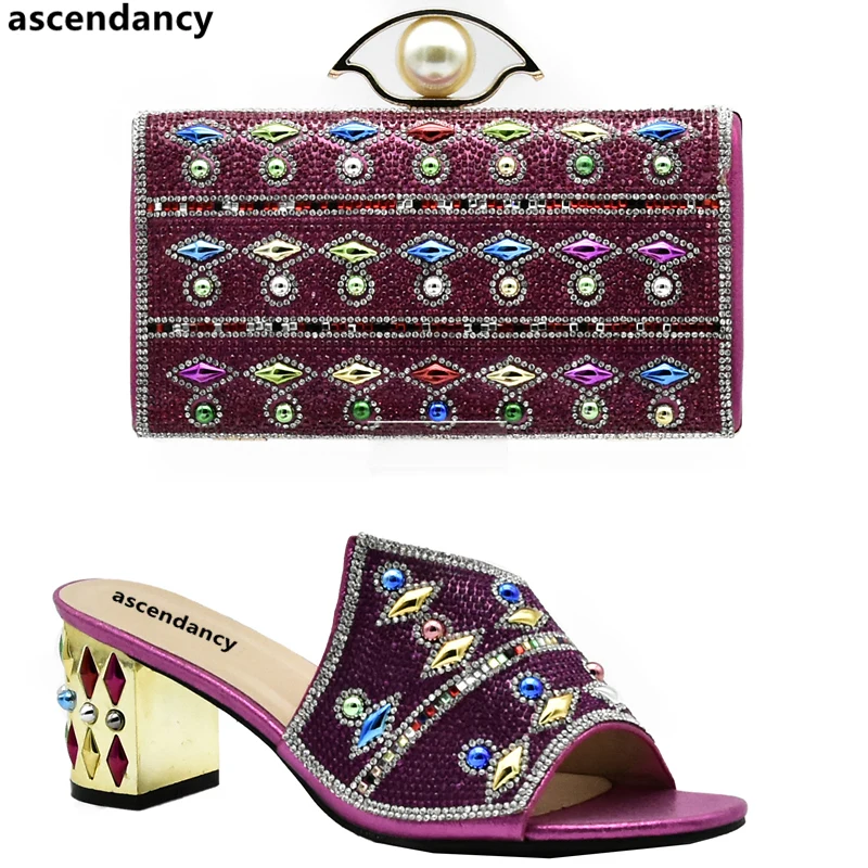 

New Arrival Fuchsia Color Sales In Women Matching Shoes and Bag Set Decorated with Rhinestone Nigerian Party Shoes and Bag Set