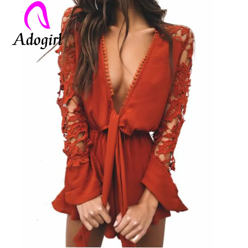 

Adogirl lace hollow out long sleeve flare short pants sets front bra drawstring playsuits elastic waist lady casual suits