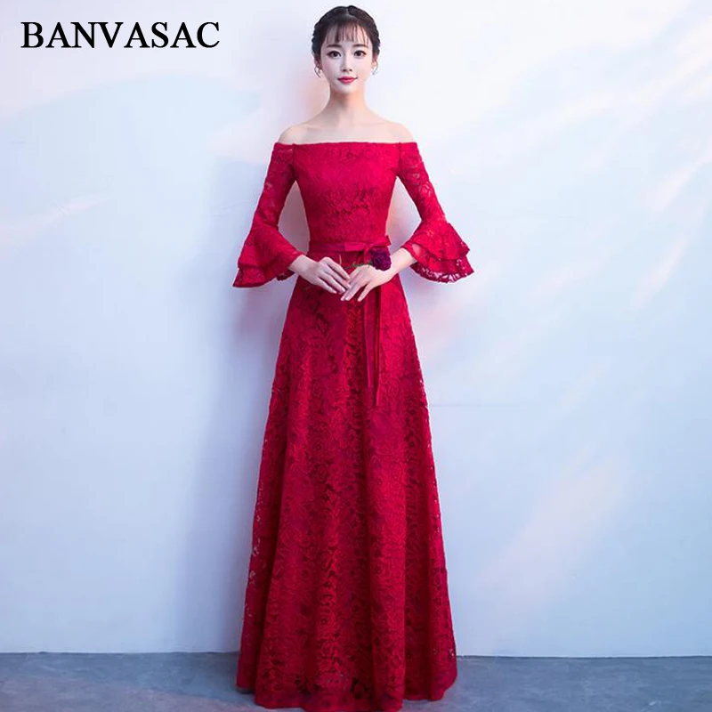 

BANVASAC 2018 Boat Neck Lace Embroidery A Line Long Evening Dresses Party Off The Shoulder Bow Sash Backless Prom Gowns
