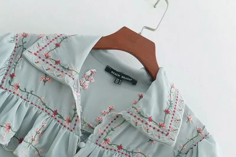  2018 women high street elegant laminated ruffles flower embroidery chiffon blouse ladies shirt chic