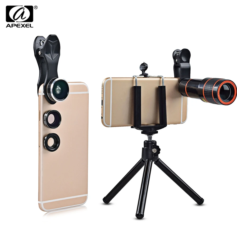 

12X Zoom Telephoto + 0.63X Wide Angle + 198 Degree Fisheye + 15X Macro Lens + Tripod 5 in1 Clip External Phone Camera