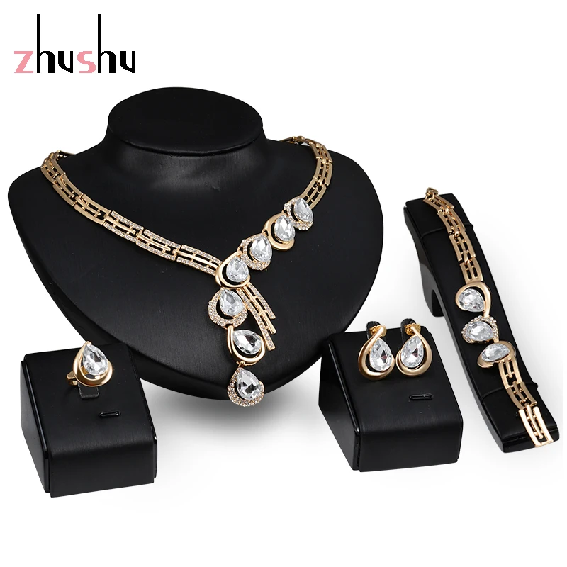 Water Drop Jewelry Set Accessories Gold Color Nigerian Wedding African Beads Necklace&ampearring&ampbracelet&ampring | Украшения и