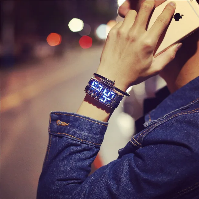 Корейский стиль, мужские и женские цифровые наручные часы, Креативный светодиодный светильник, электронные мужские и женские часы, модные повседневные часы-браслет - Цвет: silver blue 25mm