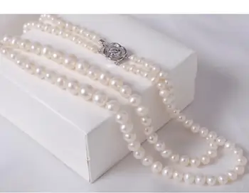 

Charming 2row 9-10mm round white pearl necklace 18"-19"