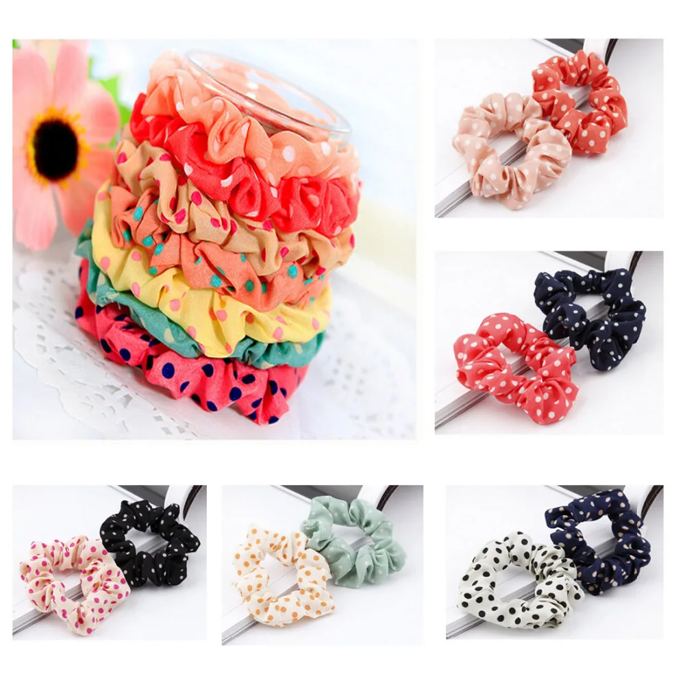 10 шт. Девушки Упругие Полька Dot Печати Волос Группа Веревка Scrunchie Хвост Держатель Горячий Продавать